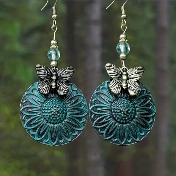 Boho Butterfly and Sunflowers Layered Earrings with Patina on French Hook #1118 - Picture 5 of 7